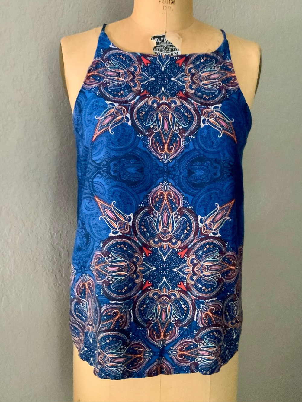 Renee C. Blue Paisley Keyhole Spaghetti Strap Halter Top